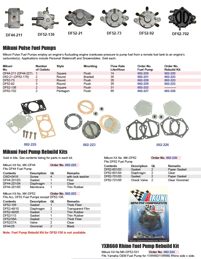 Mikuni fuel pumps and rebuild kits Jets R Us